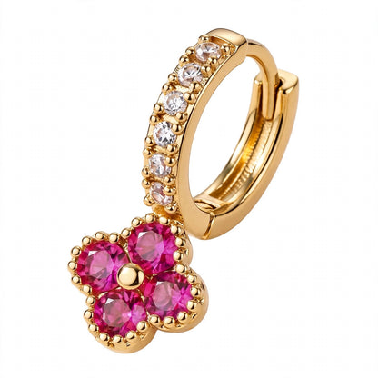 925 Sterling Silver Pink Ruby Clover Huggie Hoop Earrings