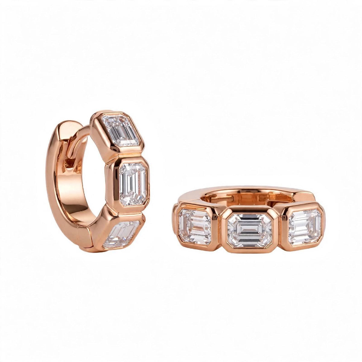 18K Rose Gold Bezel-Set Emerald-Cut Diamond Huggie Hoop Earrings