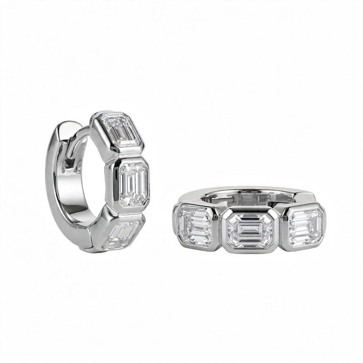 18K Rose Gold Bezel-Set Emerald-Cut Diamond Huggie Hoop Earrings