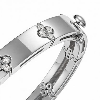 18K Yellow Gold Diamond Flower Station Bangle Bracelet