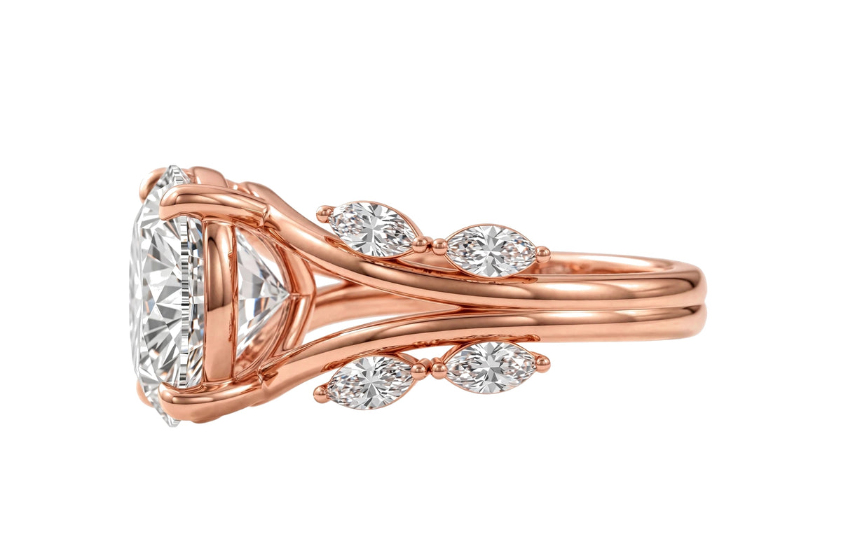 14K Yellow Gold Nature-Inspired Round Cut Solitaire Engagement Ring with Marquise Diamond Accents.