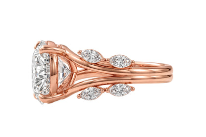 14K Yellow Gold Nature-Inspired Round Cut Solitaire Engagement Ring with Marquise Diamond Accents.