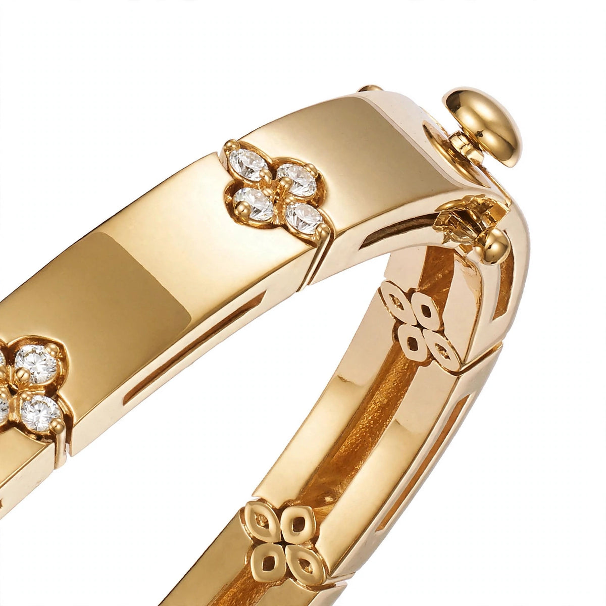 18K Yellow Gold Diamond Flower Station Bangle Bracelet