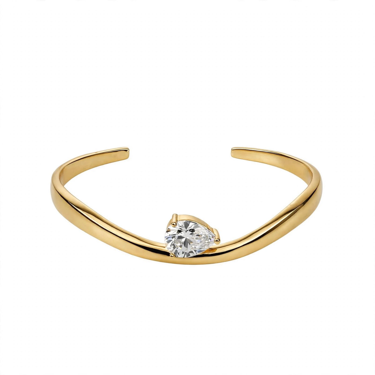 14K Yellow Gold Pear-Cut Solitaire Wave Cuff Bangle