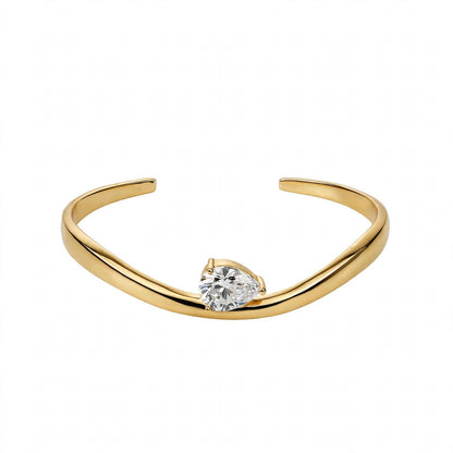 14K Yellow Gold Pear-Cut Solitaire Wave Cuff Bangle