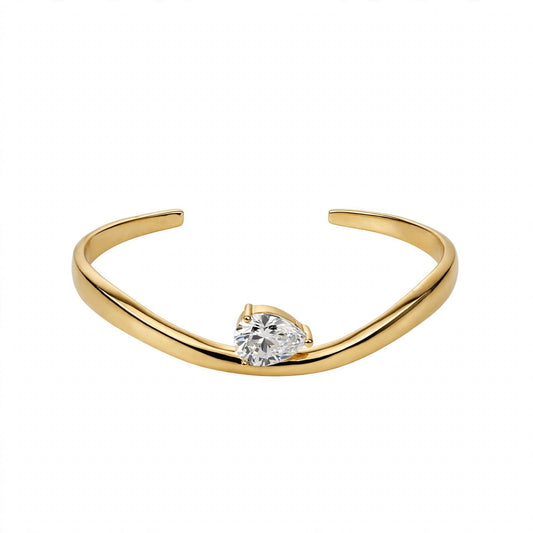 14K Yellow Gold Pear-Cut Solitaire Wave Cuff Bangle