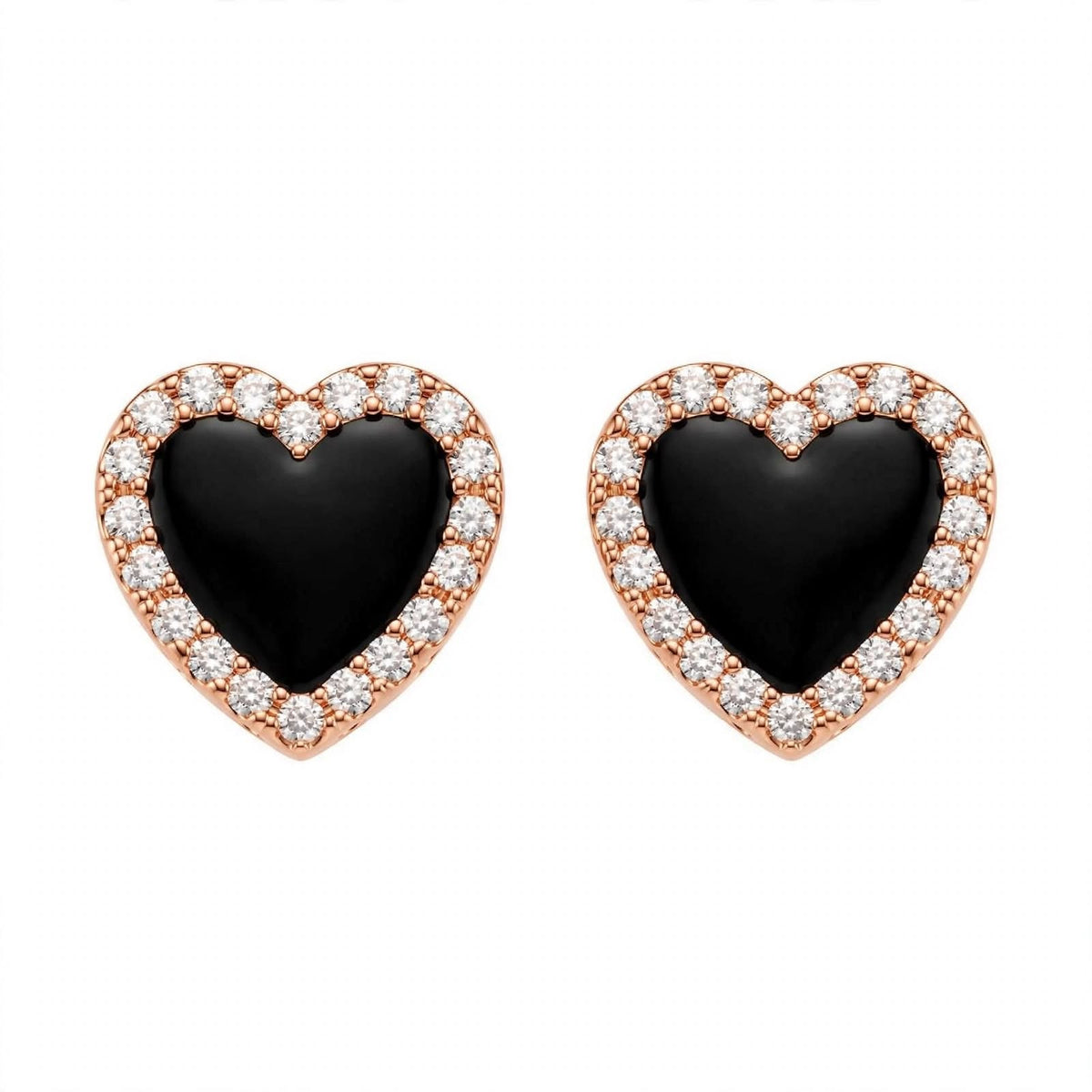 14K Yellow Gold Black Onyx Heart Stud Earrings with Diamond Halo