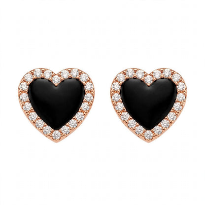14K Yellow Gold Black Onyx Heart Stud Earrings with Diamond Halo