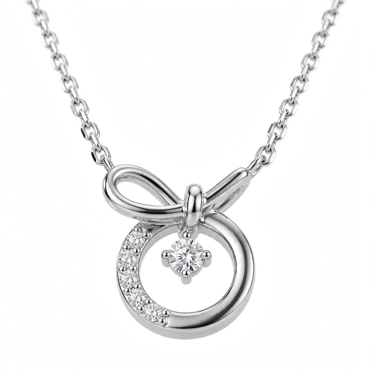 14K White Gold Promise Knot Bow Diamond Pendant Necklace
