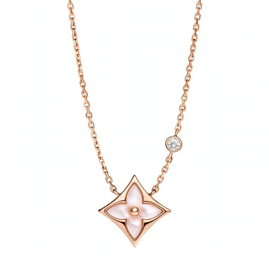 Handmade Mother of Pearl Flower Pendant Necklace in 18K Rose Gold