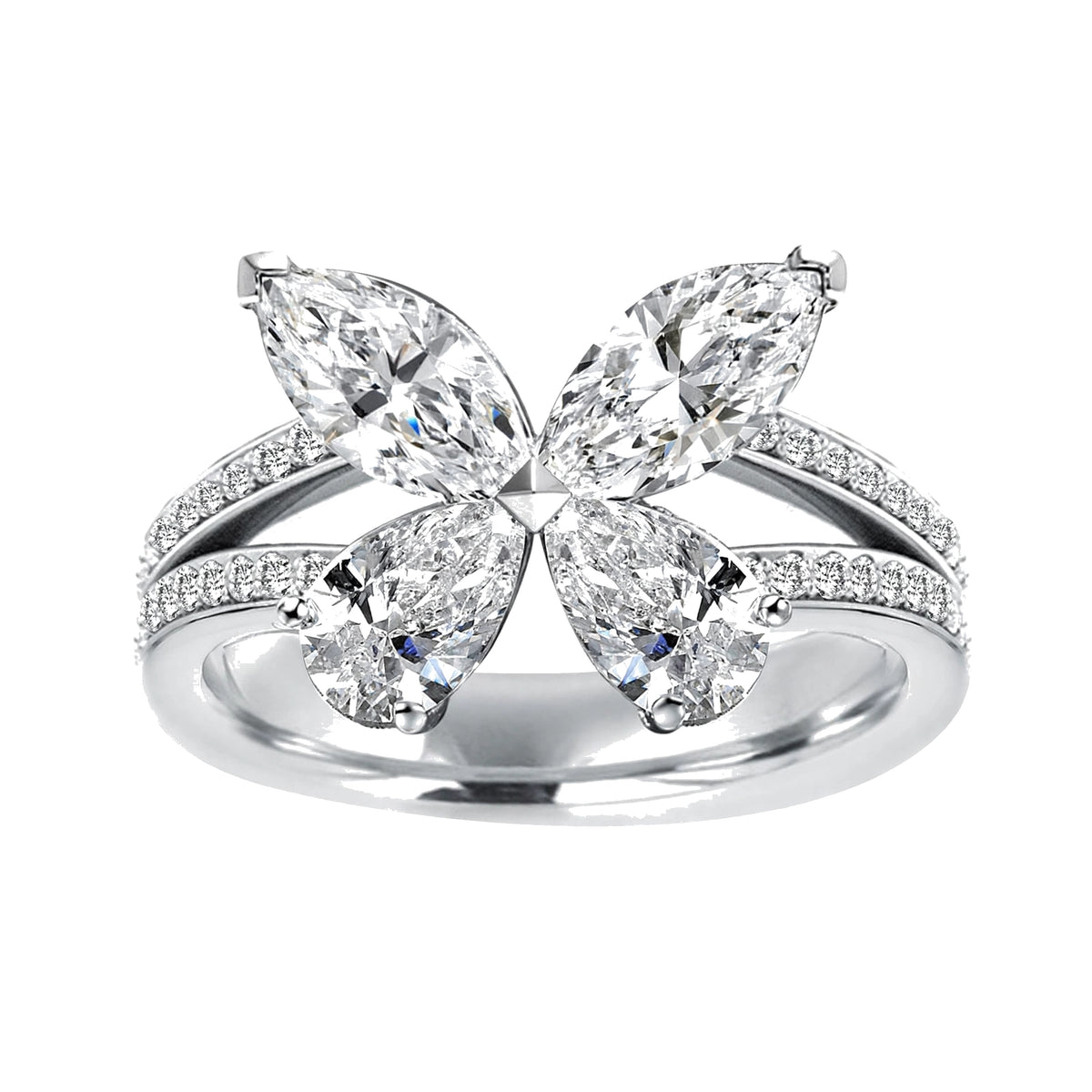 14K Yellow Gold Butterfly Diamond Statement Ring – Marquise & Pear Cut Cluster Accent.