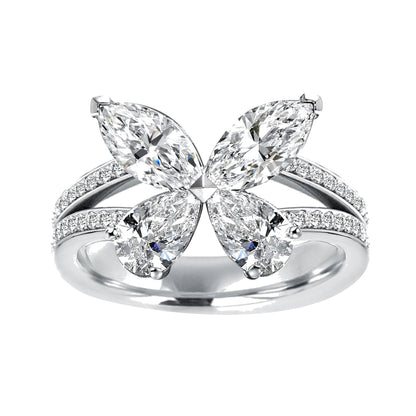 14K Yellow Gold Butterfly Diamond Statement Ring – Marquise & Pear Cut Cluster Accent.