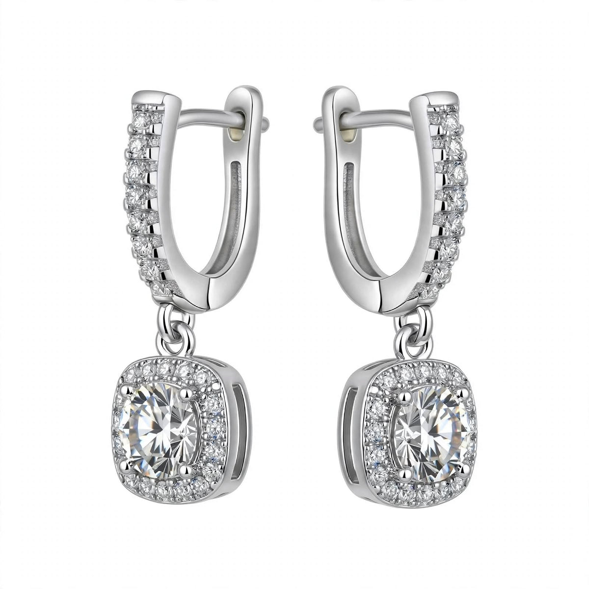 14K Yellow Gold Cushion Halo Dangle Drop Earrings