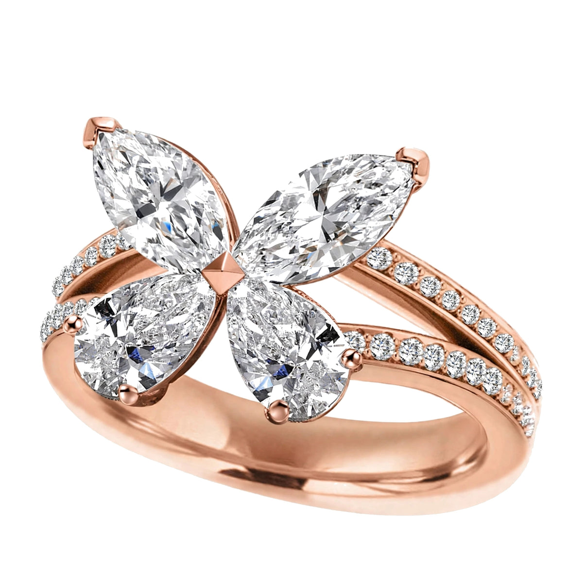 14K Yellow Gold Butterfly Diamond Statement Ring – Marquise & Pear Cut Cluster Accent.