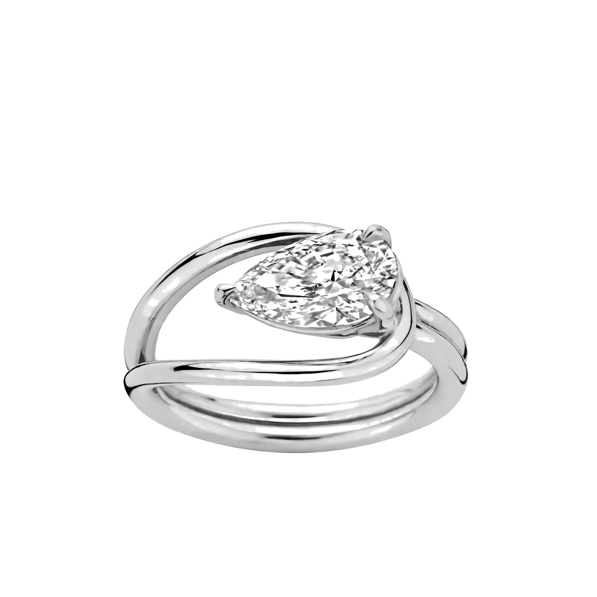 14K Yellow Gold Sculptural Pear-Shaped Diamond Wave Ring.