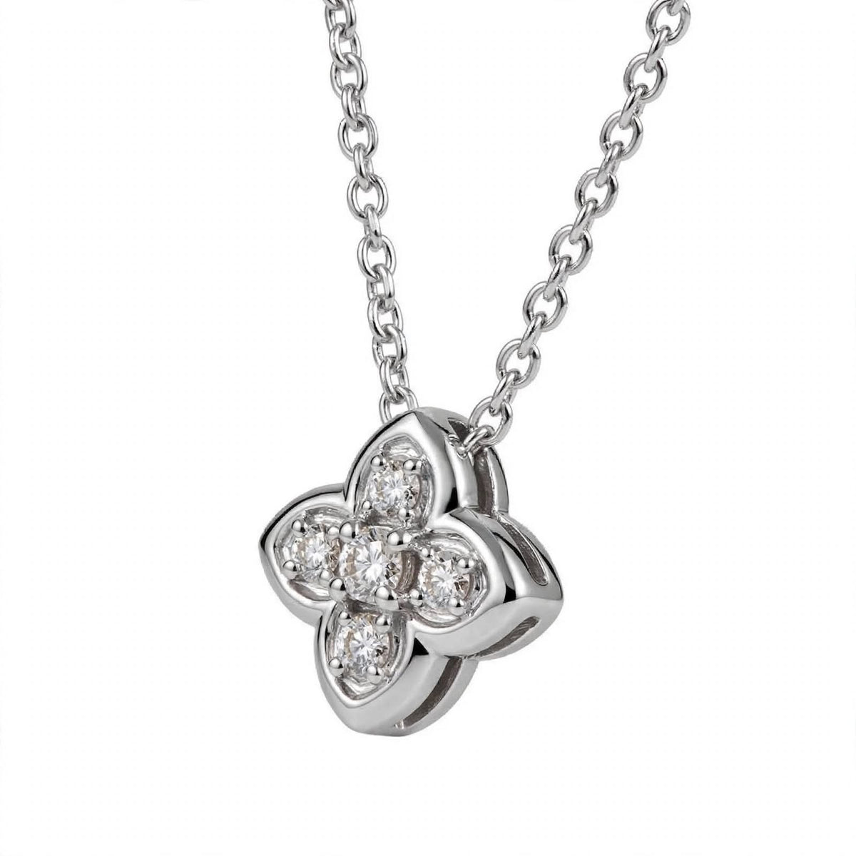 18K Yellow Gold Four-Petal Flower Diamond Pendant Necklace