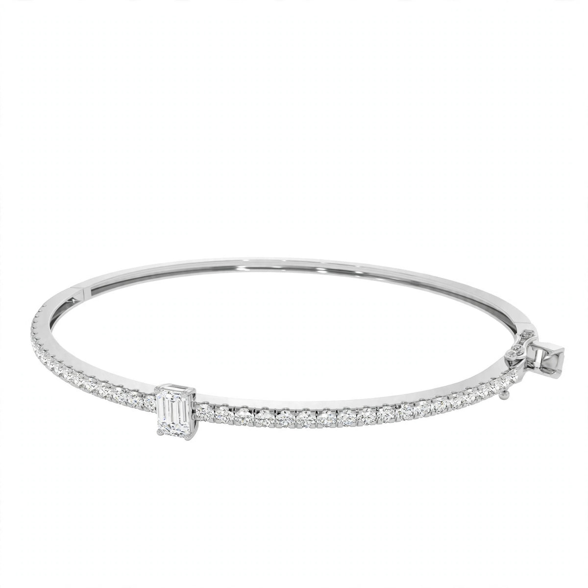 14K White Gold Emerald-Cut Diamond Solitaire Pavé Bangle Bracelet