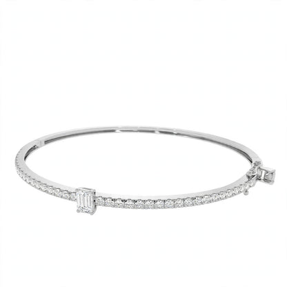14K White Gold Emerald-Cut Diamond Solitaire Pavé Bangle Bracelet