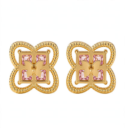 Princess-Cut Pink Gemstone Four-Leaf Clover Ear Studs