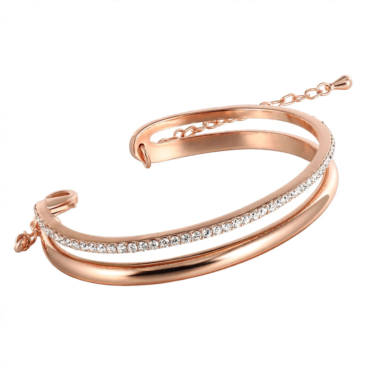 14K Rose Gold Double-Row Crystal Cuff Bangle