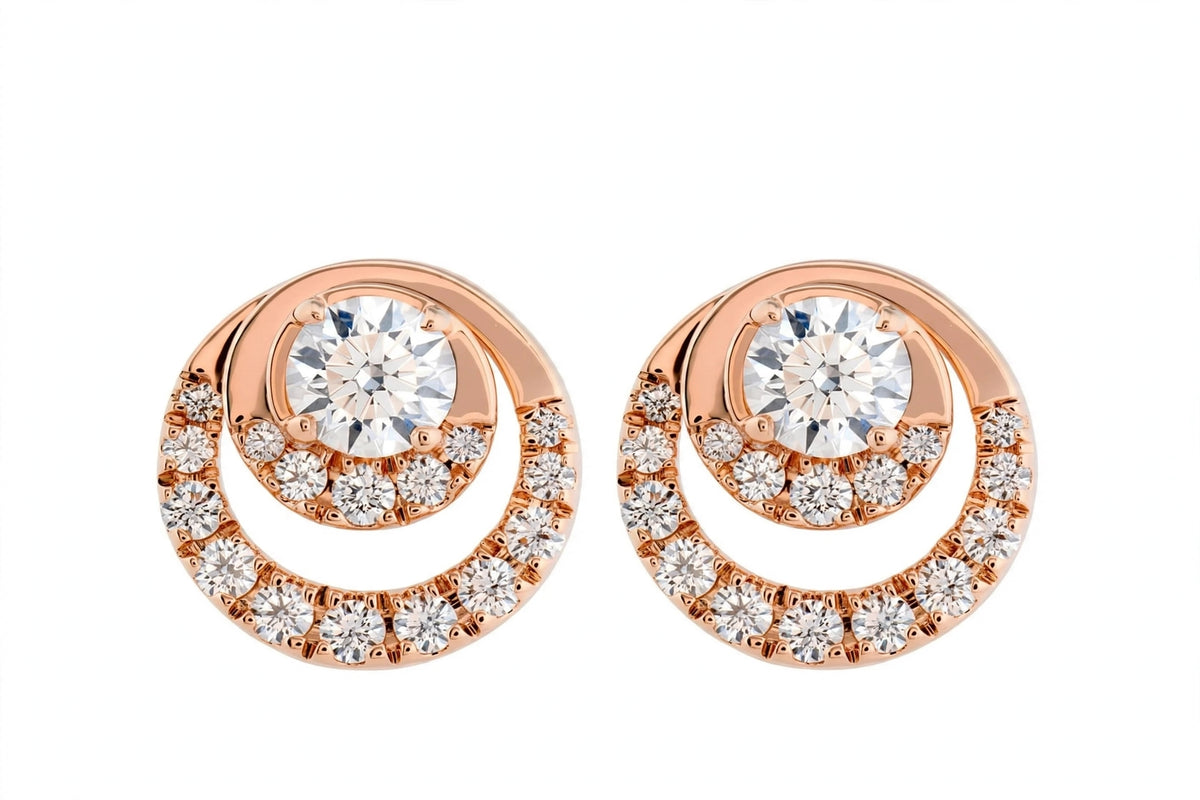 14K Yellow Gold Round Diamond Double Circle Stud Earrings