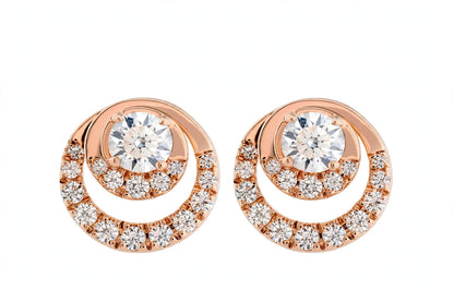 14K Yellow Gold Round Diamond Double Circle Stud Earrings