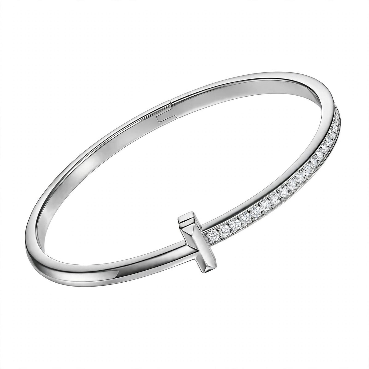 18K Yellow Gold Pavé Diamond T-Bar Hinged Bangle Bracelet