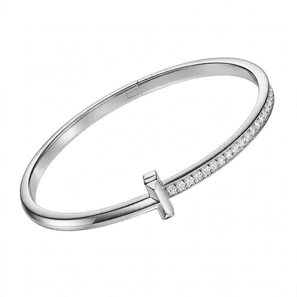 18K Yellow Gold Pavé Diamond T-Bar Hinged Bangle Bracelet