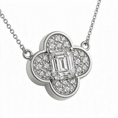 18K Yellow Gold Emerald-Cut Diamond Clover Pendant Necklace