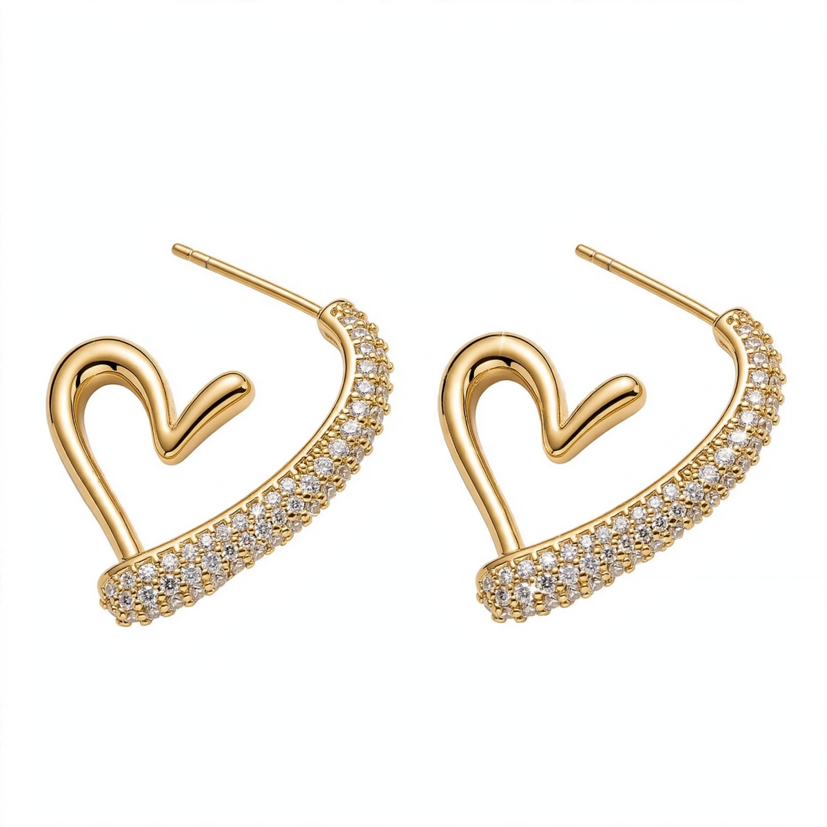 18K Gold Plated Crystal Pavé Open Heart Half Hoops