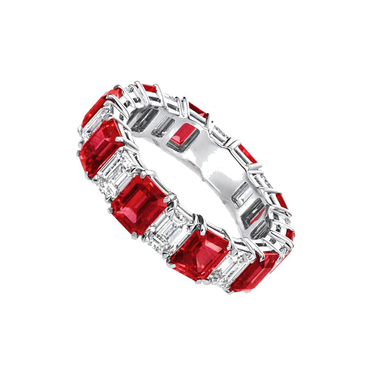 Emerald-cut ruby and diamond eternity ring.