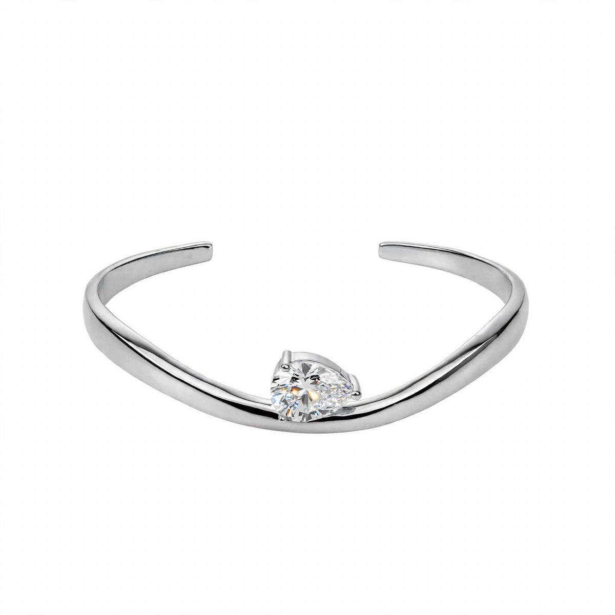14K Yellow Gold Pear-Cut Solitaire Wave Cuff Bangle