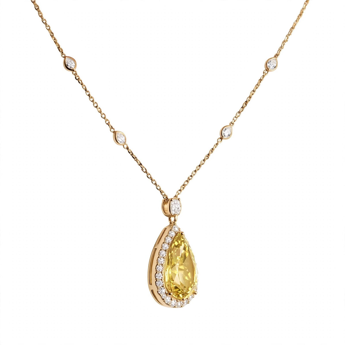 18K Rose Gold GIA-Certified Canary Yellow Pear Diamond Halo Pendant Necklace