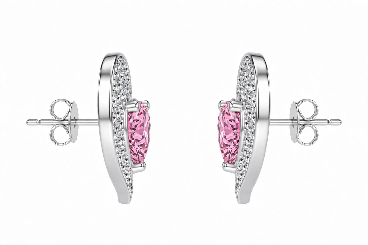 925 Sterling Silver Pink Heart Stud Earrings | Pavé Crystal Jewelry.
