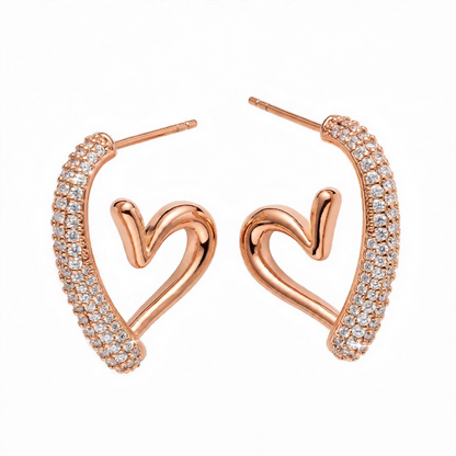 18K Gold Plated Crystal Pavé Open Heart Half Hoops