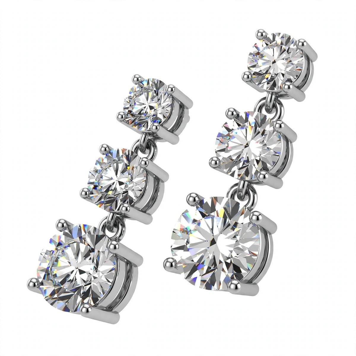 14K White Gold Three-Stone Graduated Diamond Drop Earrings