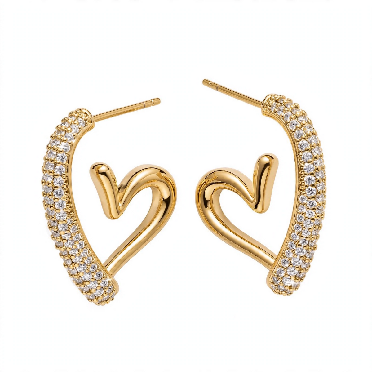 18K Gold Plated Crystal Pavé Open Heart Half Hoops