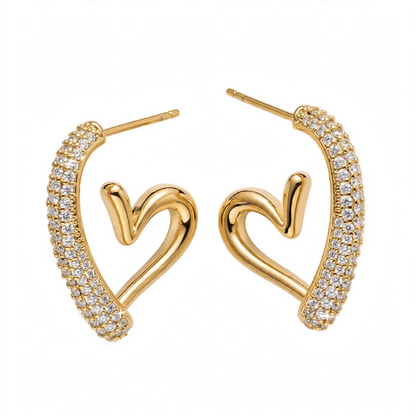 18K Gold Plated Crystal Pavé Open Heart Half Hoops