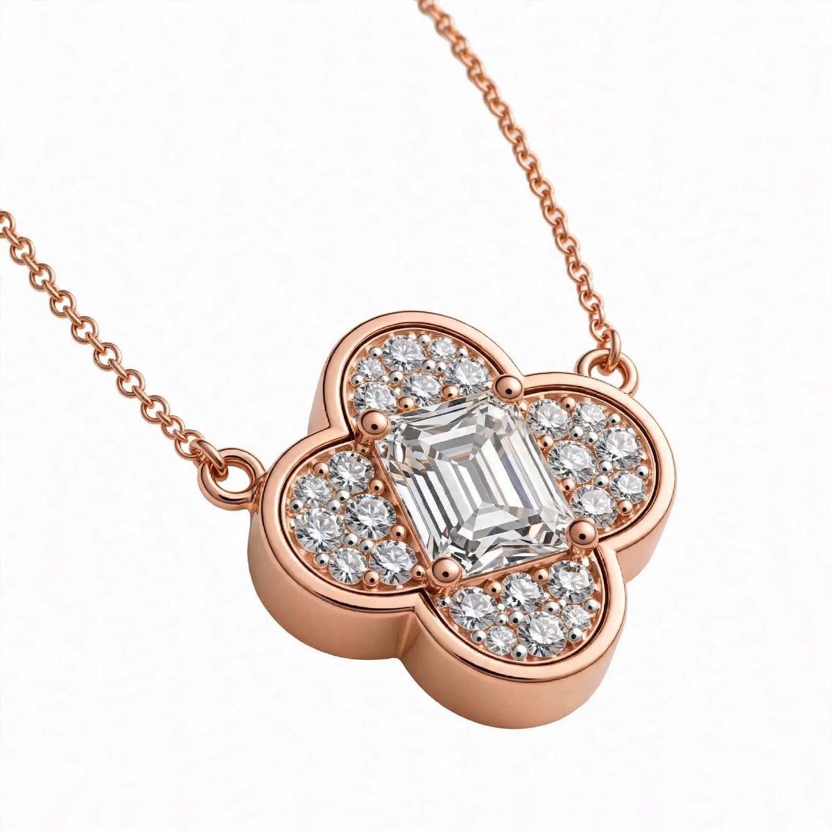 18K Yellow Gold Emerald-Cut Diamond Clover Pendant Necklace