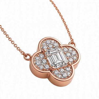 18K Yellow Gold Emerald-Cut Diamond Clover Pendant Necklace