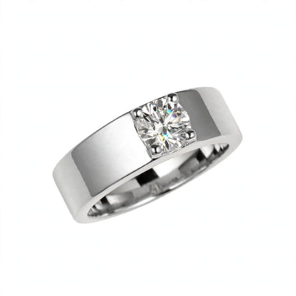 Modern Rose Gold Wide Cigar Band Solitaire Ring – Round Brilliant Cut Center Stone.