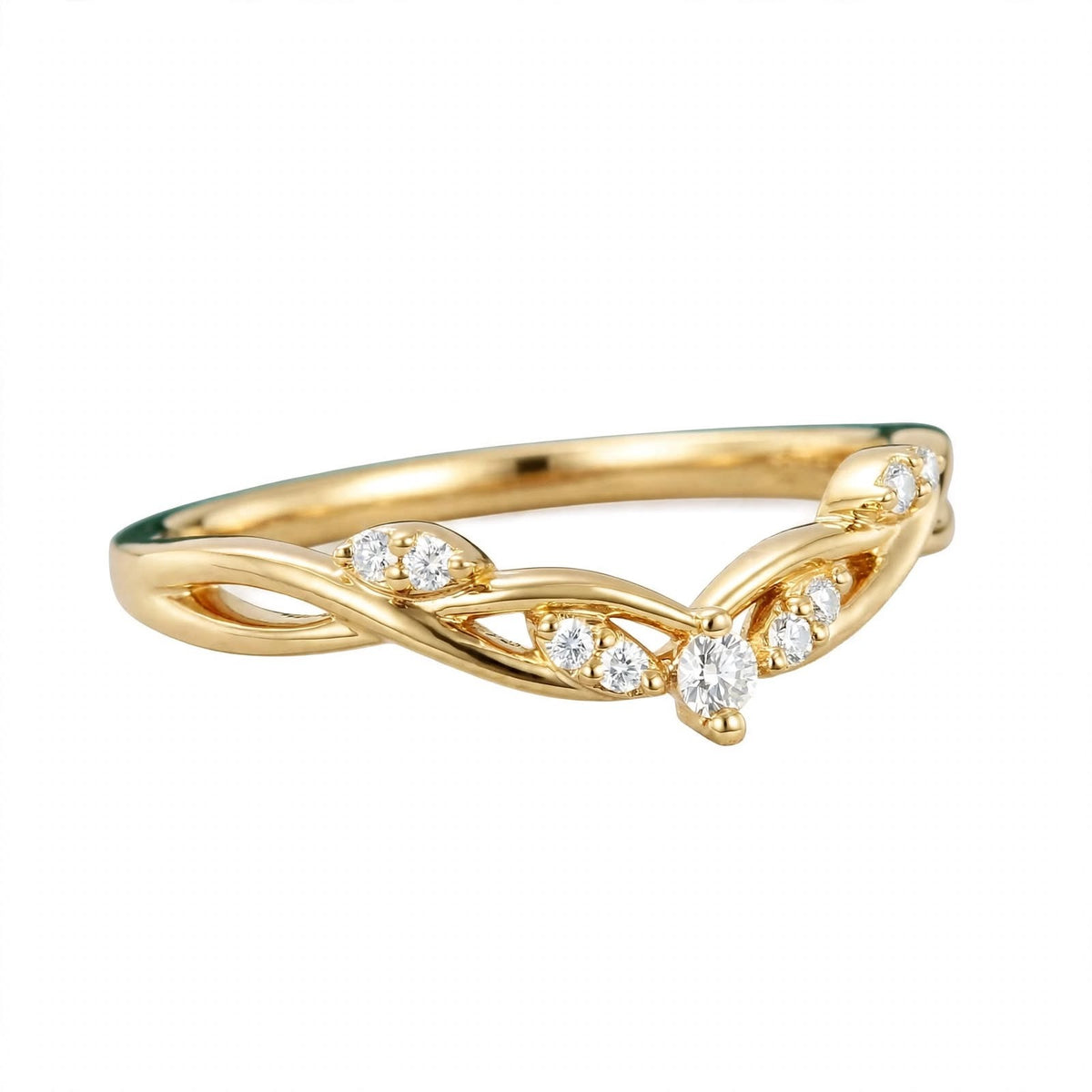 14K Yellow Gold Nature-Inspired Curved Diamond Wedding Band