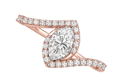 14K Yellow Gold Marquise Diamond Bypass Engagement Ring with Pavé Halo.