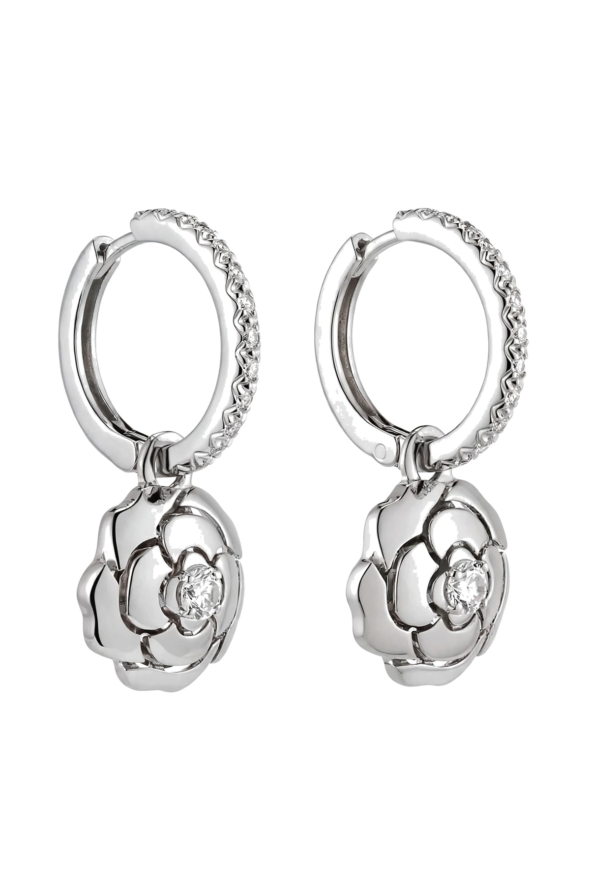 18K Rose Gold Camellia Flower Drop Earrings with Brilliant Diamonds.