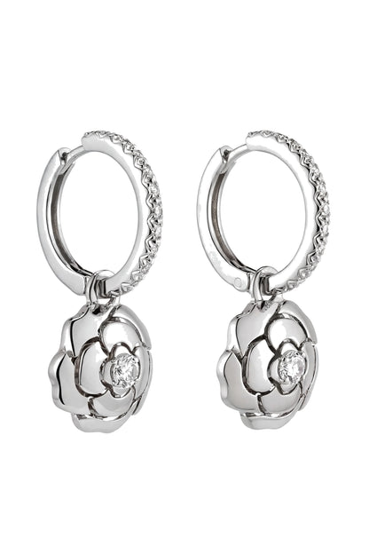 18K Rose Gold Camellia Flower Drop Earrings with Brilliant Diamonds.