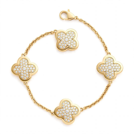 18K Yellow Gold Pavé Diamond Clover Charm Link Bracelet