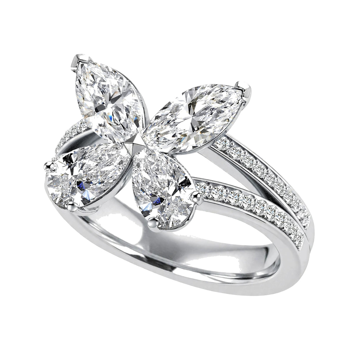 14K Yellow Gold Butterfly Diamond Statement Ring – Marquise & Pear Cut Cluster Accent.