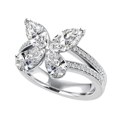 14K Yellow Gold Butterfly Diamond Statement Ring – Marquise & Pear Cut Cluster Accent.