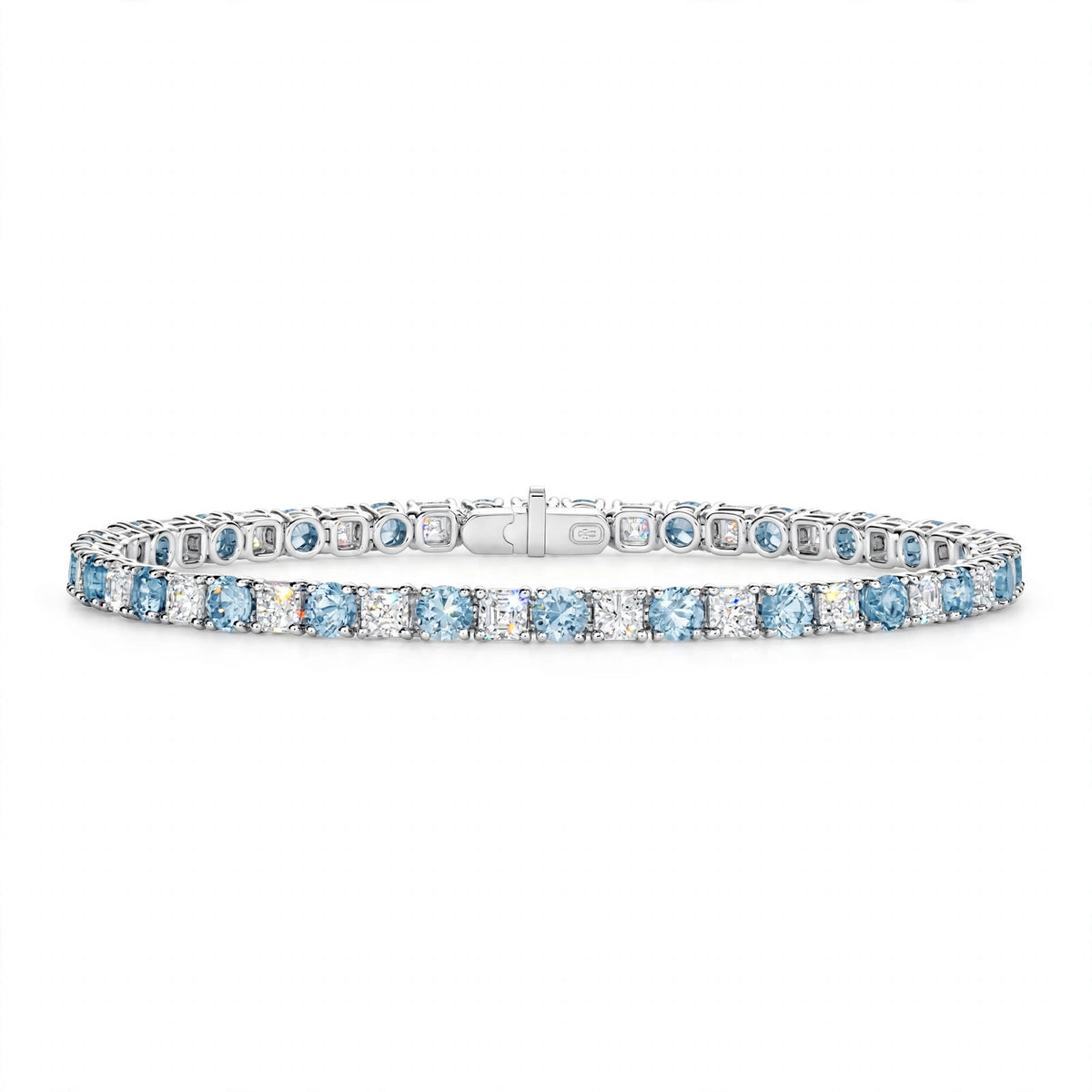 14K White Gold Classic Aquamarine and Diamond Alternating Tennis Bracelet