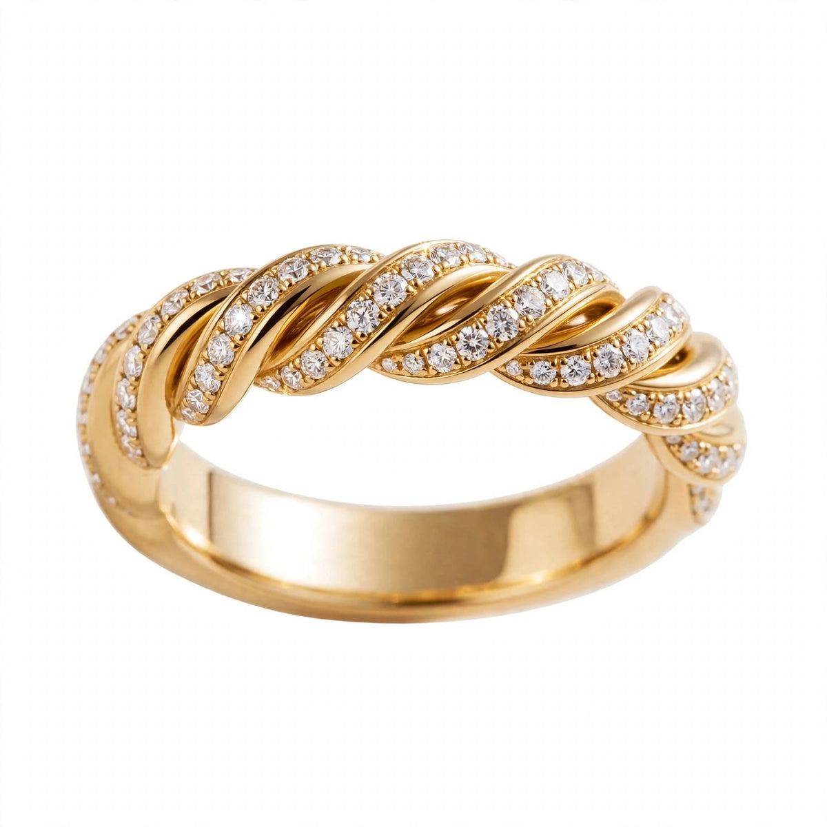 18K Yellow Gold Pavé Diamond Sculpted Twist Eternity Band Ring